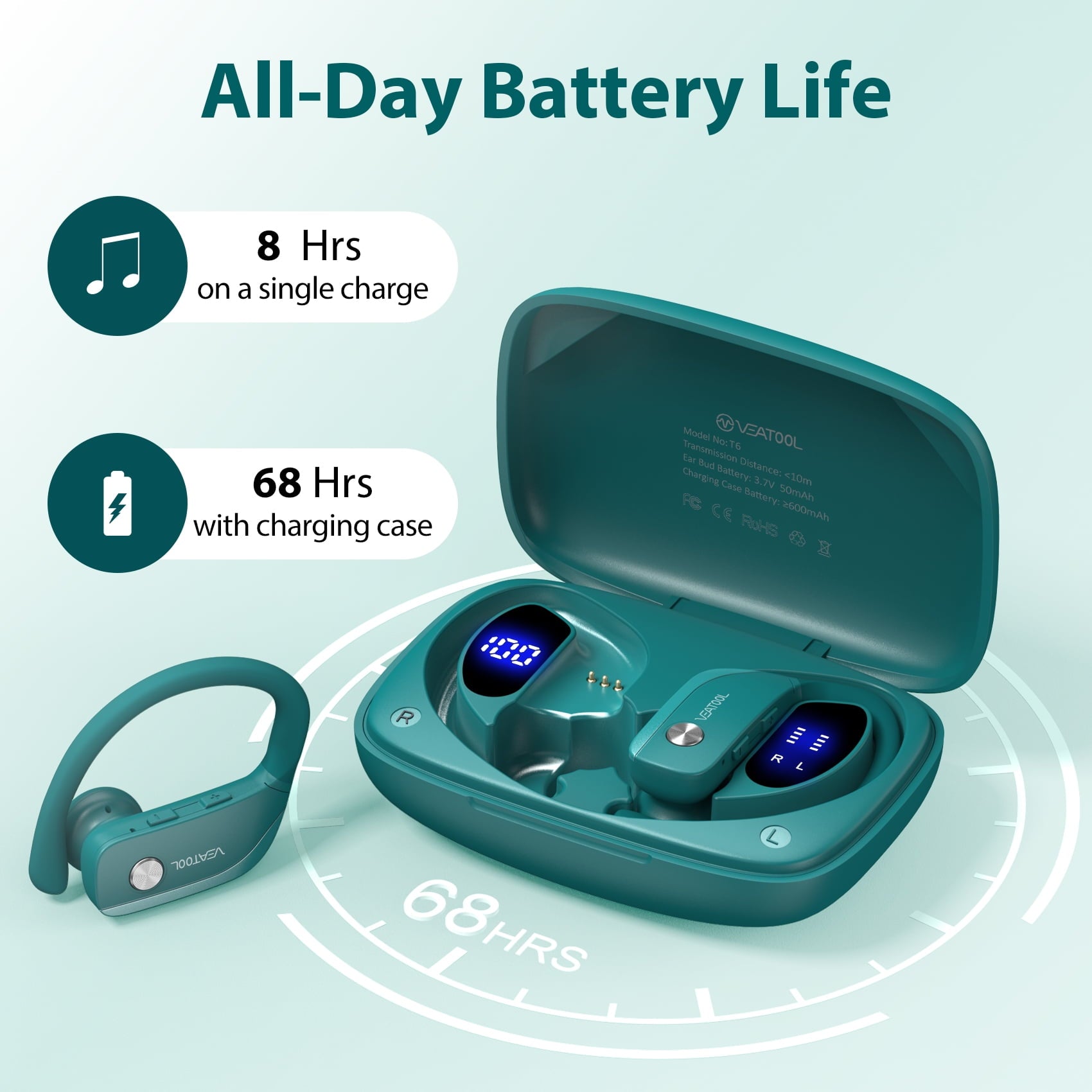 VEAT00L Wireless Earbuds Bluetooth Headphone Sport, Bluetooth 5.4 Earbud, 72Hrs Earphone with Earhook, Noise Cancelling Mic, IP7 Waterproof Headset for Workout/Running