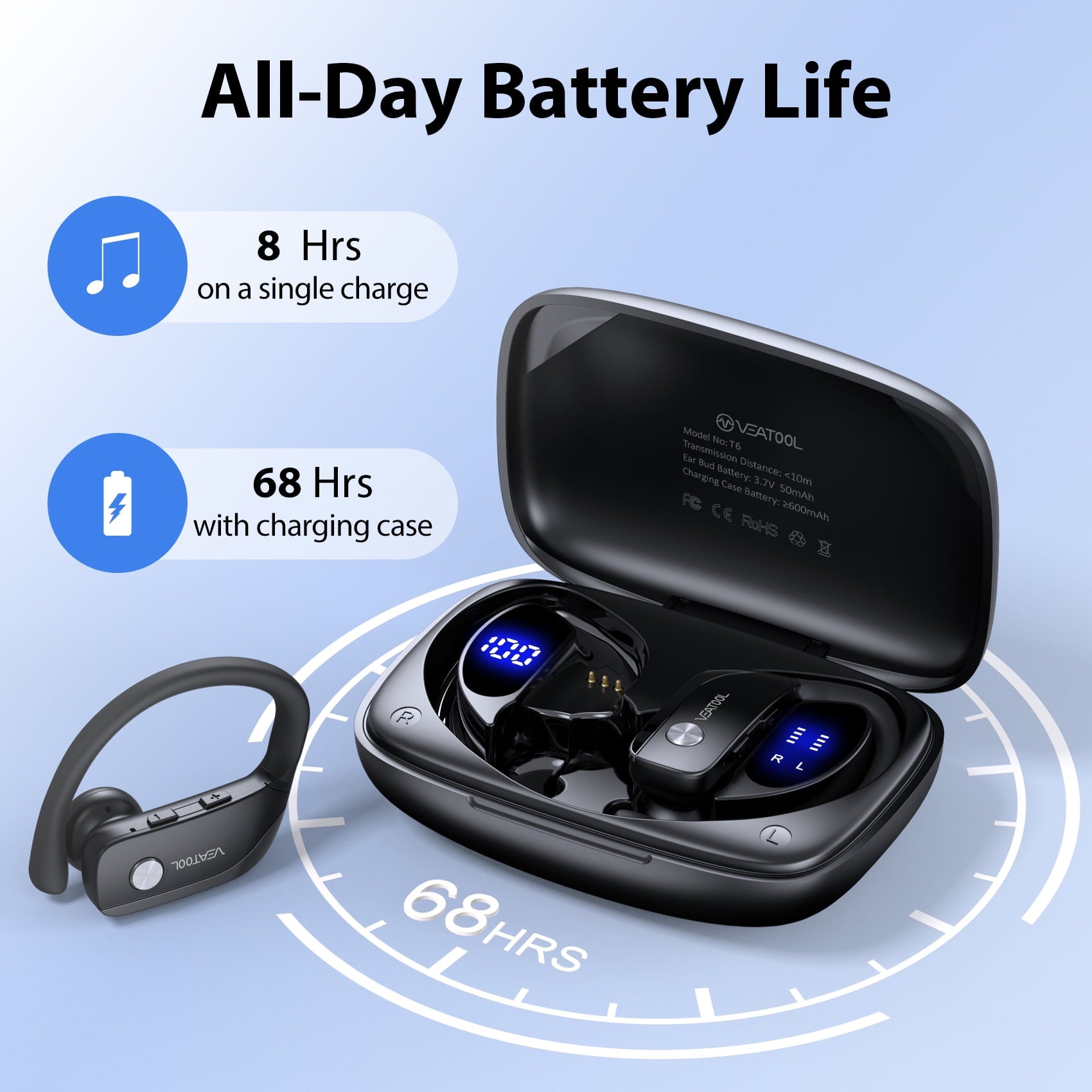 VEAT00L Wireless Earbuds Bluetooth Headphone Sport, Bluetooth 5.4 Earbud, 72Hrs Earphone with Earhook, Noise Cancelling Mic, IP7 Waterproof Headset for Workout/Running