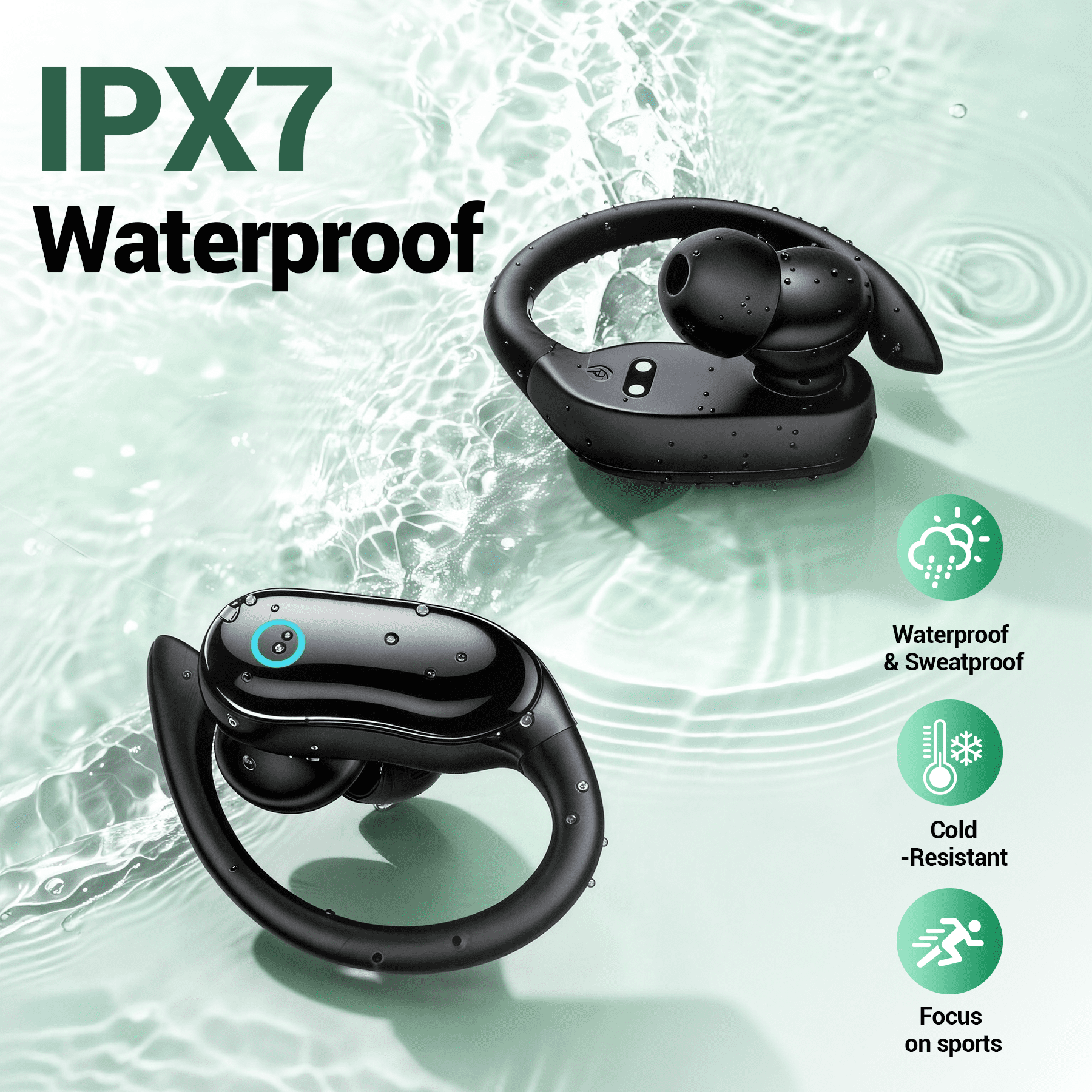 VEAT00L Active Noise Cancelling Wireless Ear Buds, 96Hrs Bluetooth Headphones IP7 Waterproof for Sport, Running Wireless Earphones with ENC, Deep Bass Over Ear bud with Earhooks for /Workout/Gym