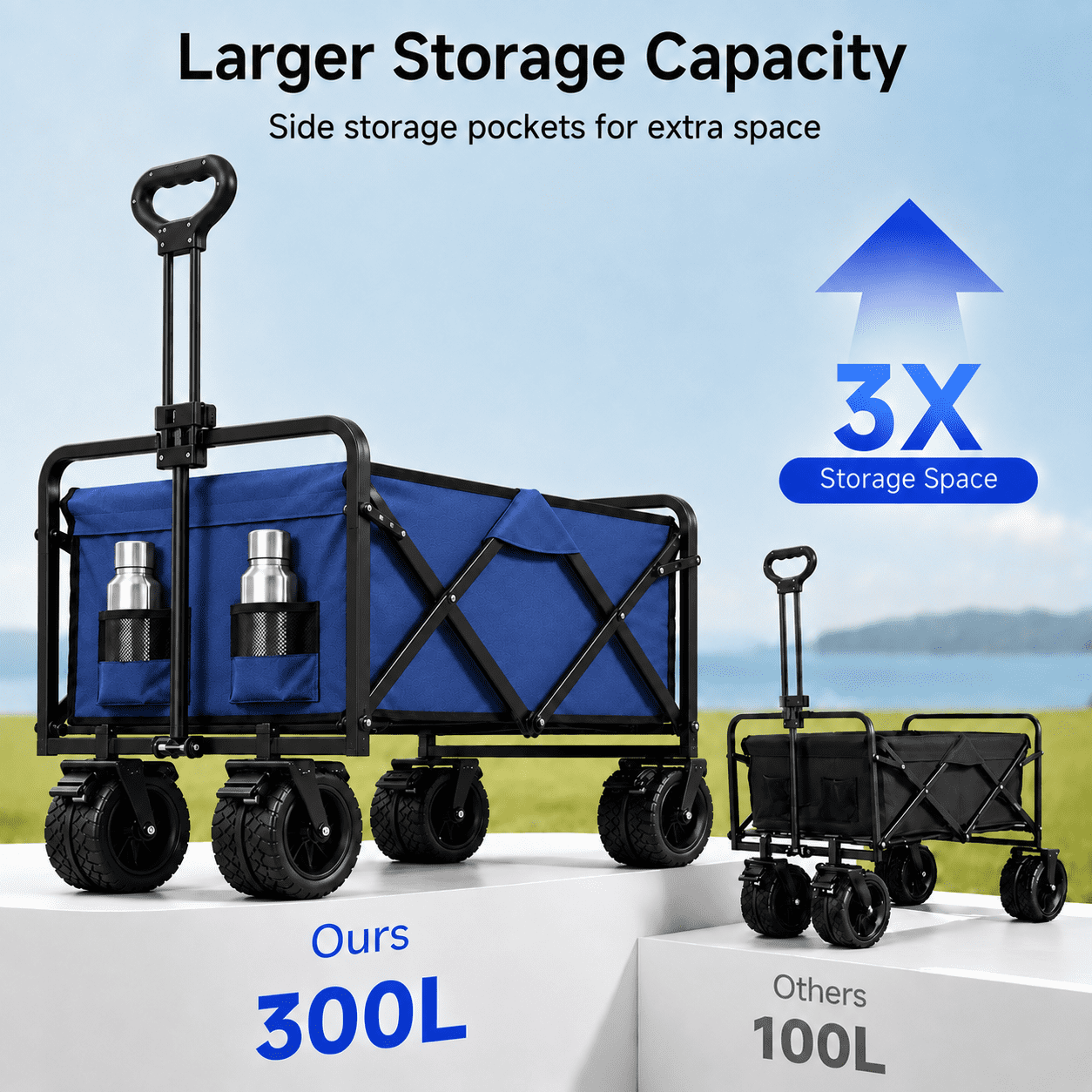 ANSFIL Collapsible Wagon with Wheels, Wagons Carts Foldable Wagon Cart with Flexible Handle, Folding Utility Heavy Duty Wagons Carts for Grocery Shopping Garden，Blue