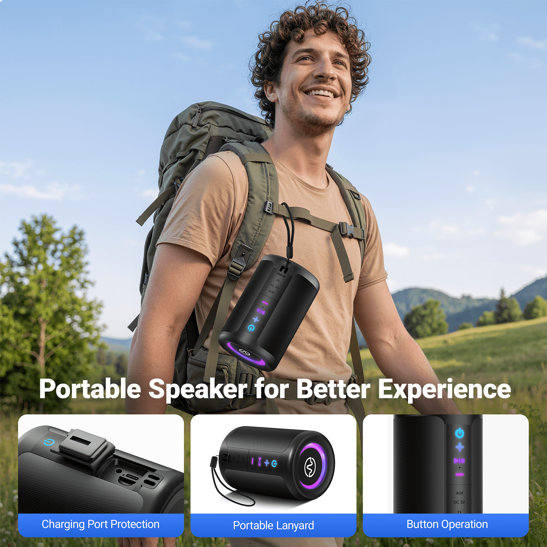 VEAT00L S16 Bluetooth speaker, Wireless Portable Bluetooth Speaker with Waterproof, Up to 24H Playtime,Powerful Bass,BT 5.4,LED Lights,TWS Pairing for Home/Party/Outdoor/Beach,Birthday Gift